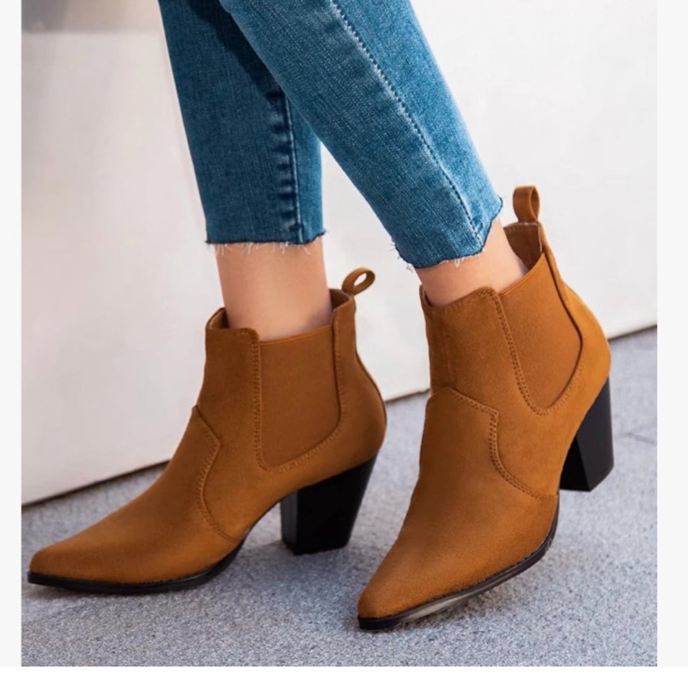 MaxMuxun Chunky Heel Boots Ankle‎ Boots Faux Leather Pointed Toe Chelsea Sz 8